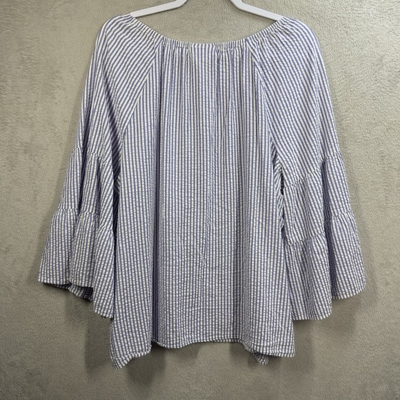 Liz Claiborne Seersucker Blouse Sz XXL Blue Stripe Bell Sleeve Peasant Resort - Picture 6 of 7